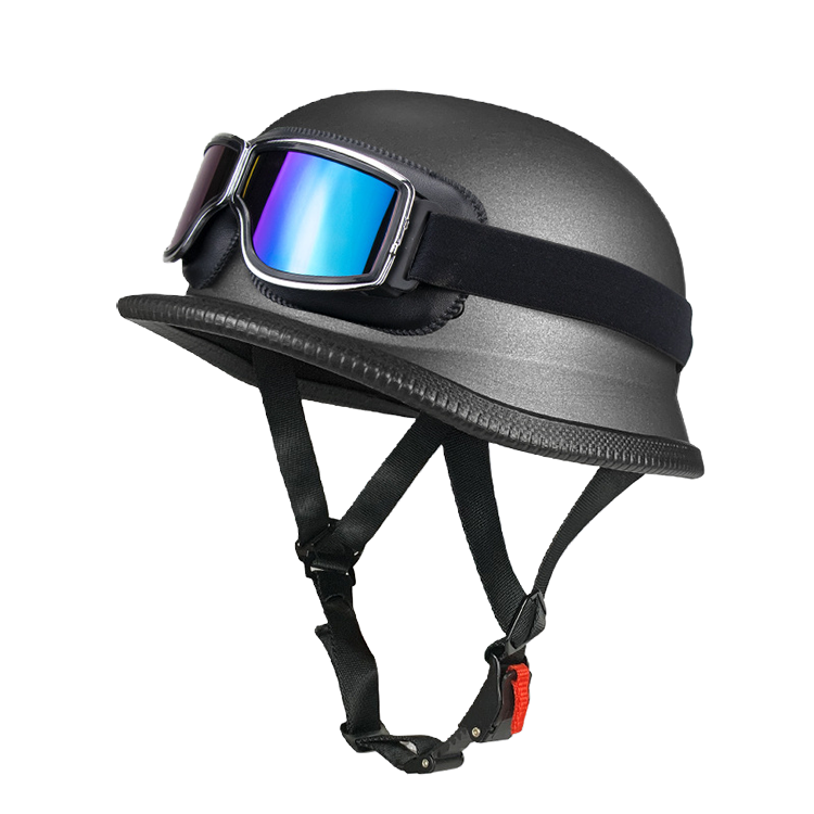 DOT German Style Retro Motorcycle Half Helmet with Removable Vintage Goggles - Ultra-Lightweight Low Profile Cruiser Brain Bucket