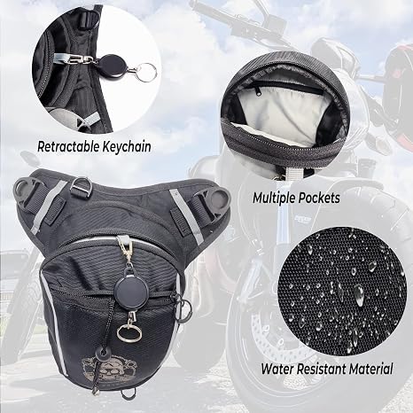Water Resistant Motorcycle Waist Drop Leg Bag for Men and Women - Expandable Fanny Pack with Reflective Logo for Hiking Climbing Cycling Fishing Riding Travel (Black)
