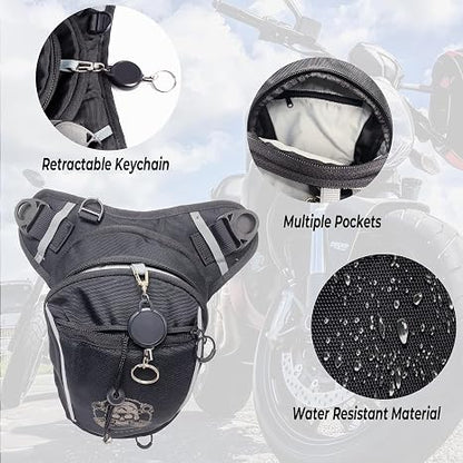 Water Resistant Motorcycle Waist Drop Leg Bag for Men and Women - Expandable Fanny Pack with Reflective Logo for Hiking Climbing Cycling Fishing Riding Travel (Black)