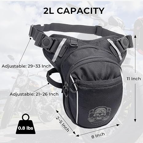 Water Resistant Motorcycle Waist Drop Leg Bag for Men and Women - Expandable Fanny Pack with Reflective Logo for Hiking Climbing Cycling Fishing Riding Travel (Black)