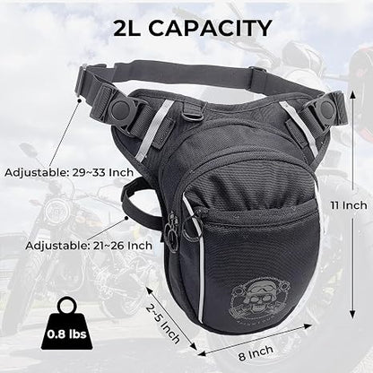 Water Resistant Motorcycle Waist Drop Leg Bag for Men and Women - Expandable Fanny Pack with Reflective Logo for Hiking Climbing Cycling Fishing Riding Travel (Black)