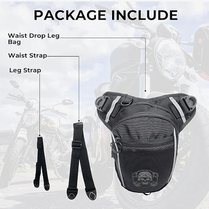 Water Resistant Motorcycle Waist Drop Leg Bag for Men and Women - Expandable Fanny Pack with Reflective Logo for Hiking Climbing Cycling Fishing Riding Travel (Black)