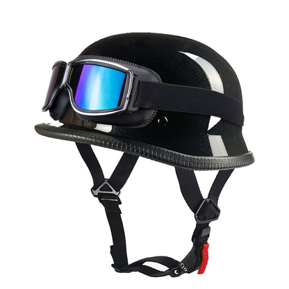 DOT German Style Retro Motorcycle Half Helmet with Removable Vintage Goggles - Ultra-Lightweight Low Profile Cruiser Brain Bucket