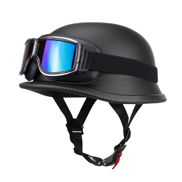 DOT German Style Retro Motorcycle Half Helmet with Removable Vintage Goggles - Ultra-Lightweight Low Profile Cruiser Brain Bucket
