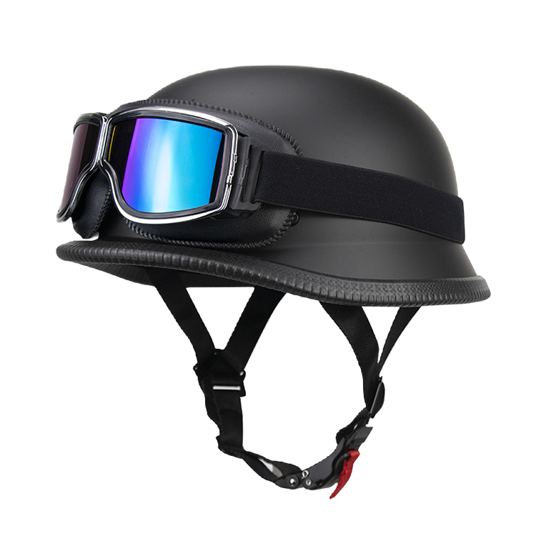 DOT German Style Retro Motorcycle Half Helmet with Removable Vintage Goggles - Ultra-Lightweight Low Profile Cruiser Brain Bucket