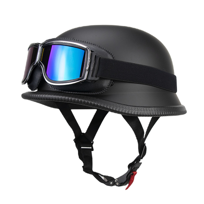 DOT German Style Retro Motorcycle Half Helmet with Removable Vintage Goggles - Ultra-Lightweight Low Profile Cruiser Brain Bucket