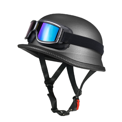 DOT German Style Retro Motorcycle Half Helmet with Removable Vintage Goggles - Ultra-Lightweight Low Profile Cruiser Brain Bucket