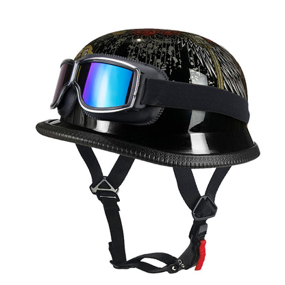 DOT German Style Retro Motorcycle Half Helmet with Removable Vintage Goggles - Ultra-Lightweight Low Profile Cruiser Brain Bucket