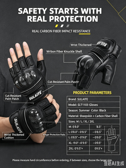 Summer Breathable Half-Finger Motorcycle Riding Gloves – Sheepskin & Carbon Fiber Racing Protection