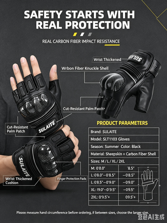 Summer Breathable Half-Finger Motorcycle Riding Gloves – Sheepskin & Carbon Fiber Racing Protection