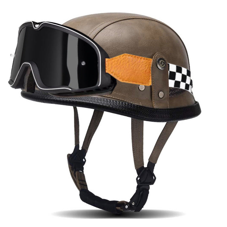 Retro Motorcycle Helmet – German-Style Steel Helmet / Cruiser & Street Bike Half-Helmet with Handcrafted Leather Finish