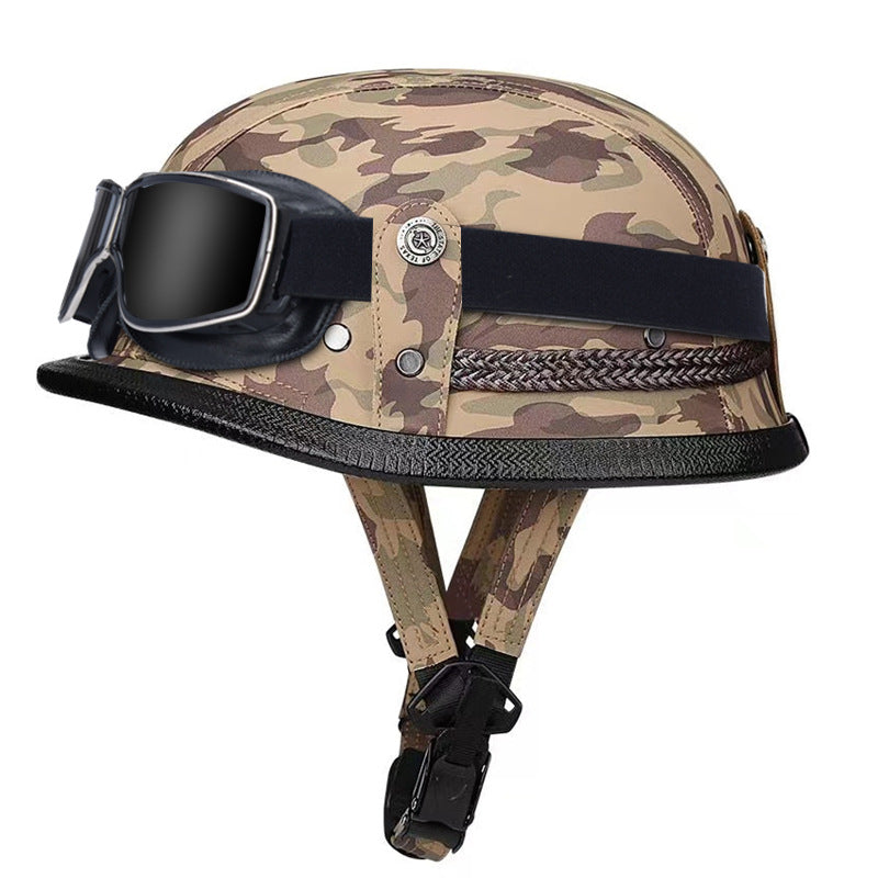 Retro Motorcycle Helmet – German-Style Steel Helmet / Cruiser & Street Bike Half-Helmet with Handcrafted Leather Finish