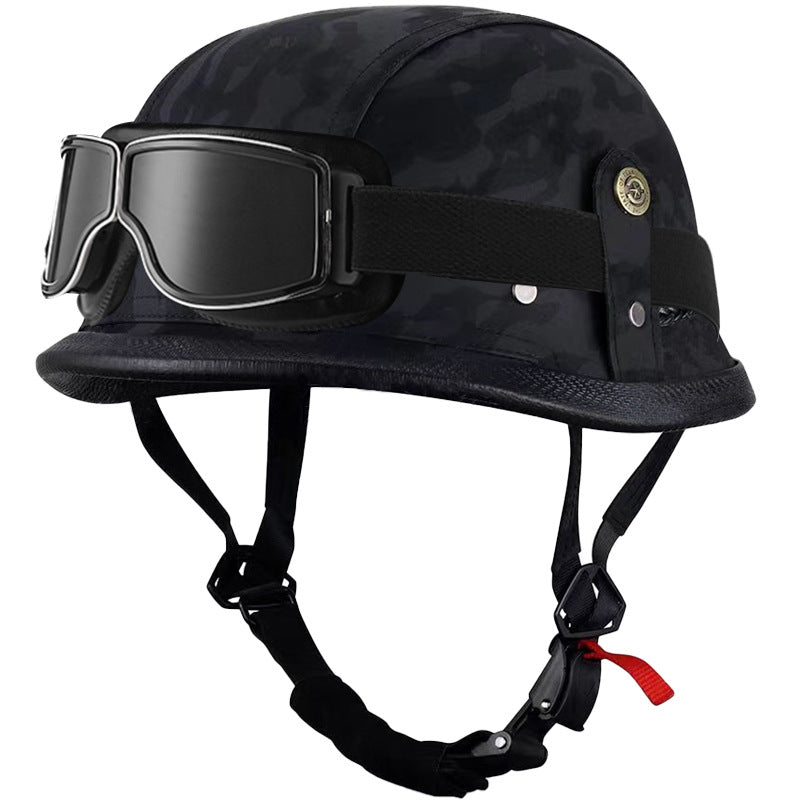 Retro Motorcycle Helmet – German-Style Steel Helmet / Cruiser & Street Bike Half-Helmet with Handcrafted Leather Finish